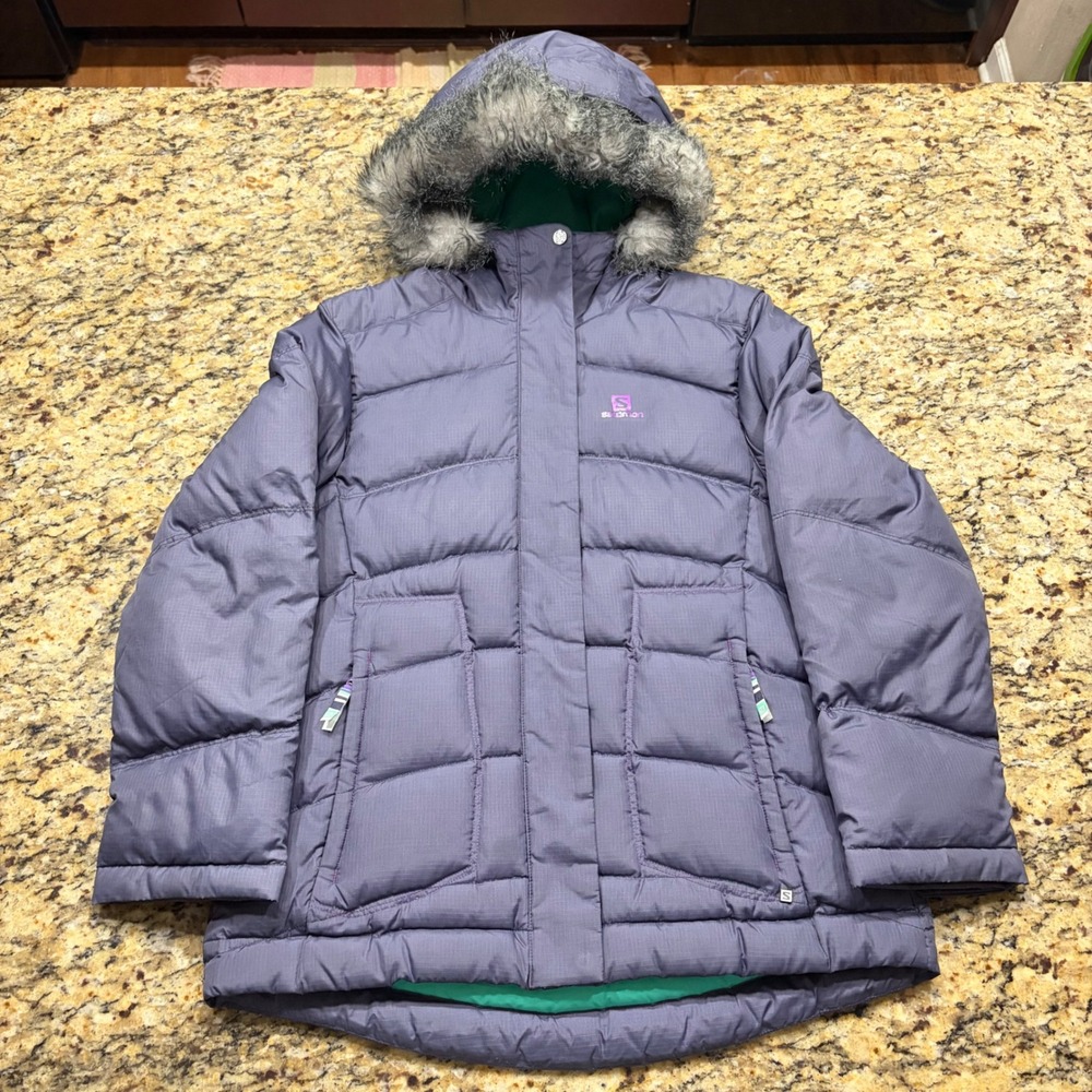 Salomon Girl Purple Puffer Jacket Faux Fur Hood Insulated Winter Coat Size M 10Y